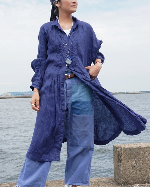 Linen Tuck Shirt Dress / Khakibeige・Frenchblue