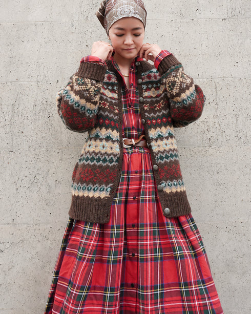 Jacquard Shetland Wool Knit Cardigan / Brown