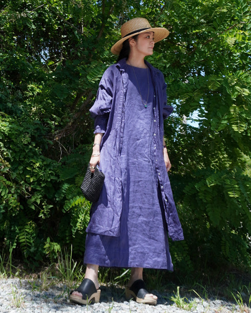 Linen Gather Dress / Khakibeige・Frenchblue