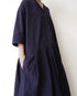 Linen Cotton Open Collar Dress / Beige・Navy