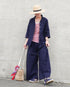 Linen Cotton Open Collar Shirt / Beige・Navy