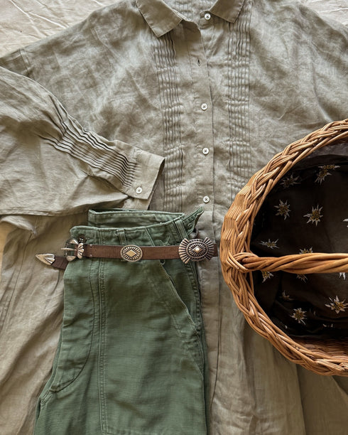 Linen Tuck Shirt Dress / Khakibeige・Frenchblue