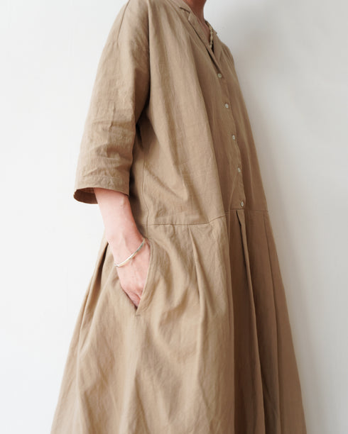 Linen Cotton Open Collar Dress / Beige・Navy