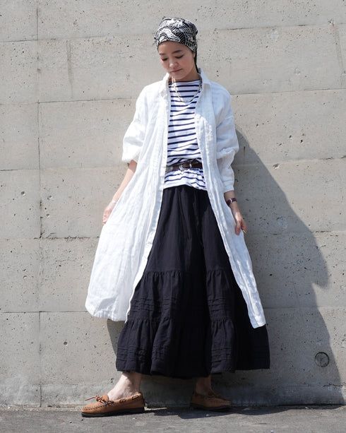 Linen Tuck Shirt Dress / White・Black