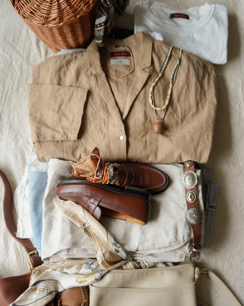 Linen Cotton Open Collar Shirt / Beige・Navy