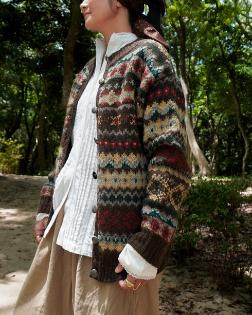 Jacquard Shetland Wool Knit Cardigan / Brown