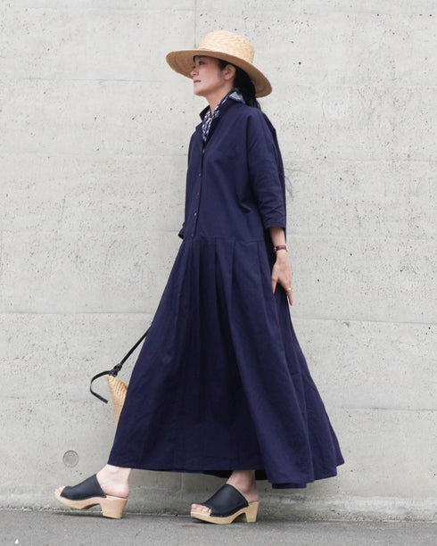 Linen Cotton Open Collar Dress / Beige・Navy