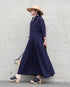 Linen Cotton Open Collar Dress / Beige・Navy