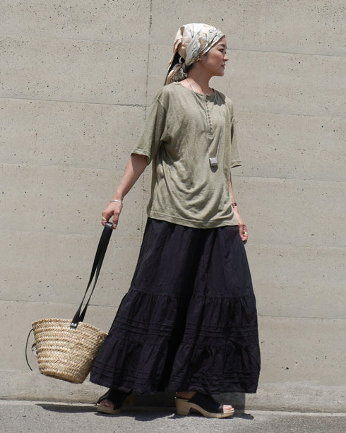 Linen 2way Henley Tee / Khaki・Black
