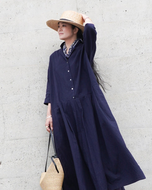 Linen Cotton Open Collar Dress / Beige・Navy