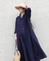Linen Cotton Open Collar Dress / Beige・Navy