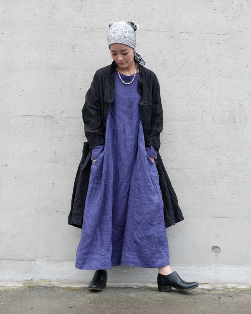 Linen Gather Dress / Khakibeige・Frenchblue