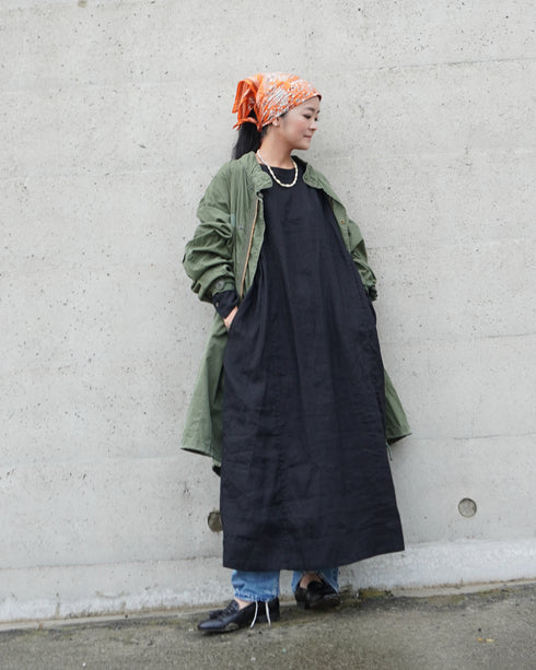 Linen Gather Dress / White・Black