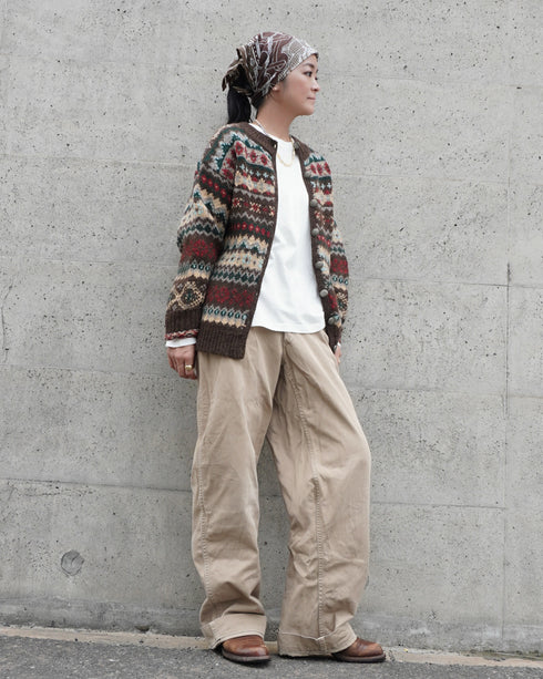 Jacquard Shetland Wool Knit Cardigan / Brown