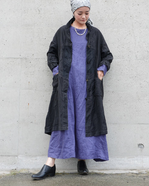 Linen Gather Dress / Khakibeige・Frenchblue