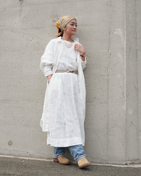 Linen Gather Dress / White・Black