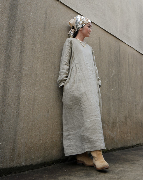 Linen Gather Dress / Khakibeige・Frenchblue
