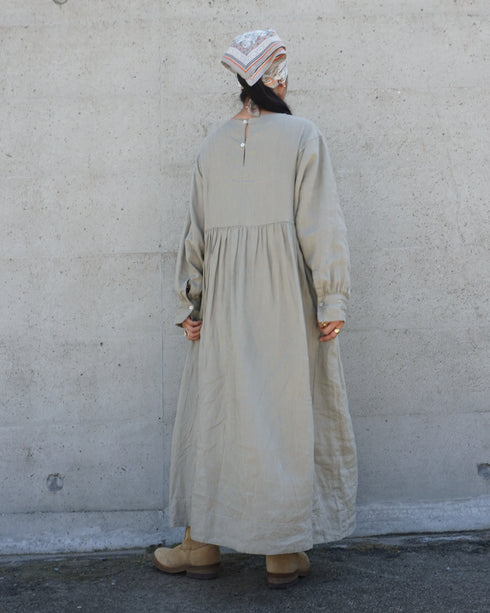Linen Gather Dress / Khakibeige・Frenchblue