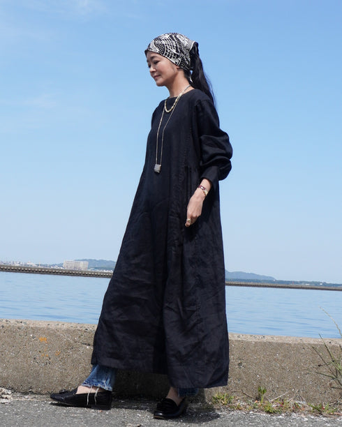 Linen Gather Dress / White・Black