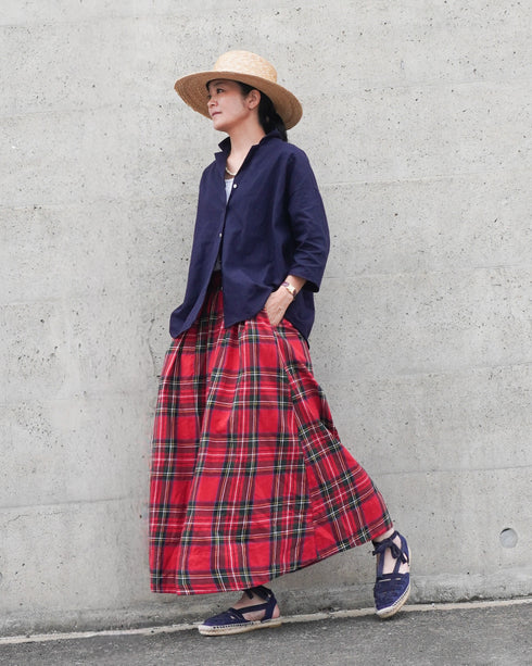 Linen Cotton Open Collar Shirt / Beige・Navy