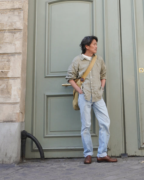 Linen Relaxed Unisex Shirt / Khakibeige・Frenchblue