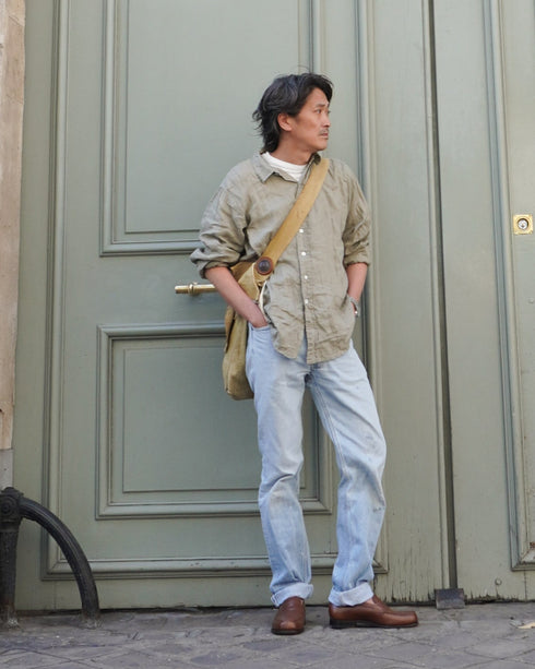 Linen Relaxed Unisex Shirt / Khakibeige・Frenchblue