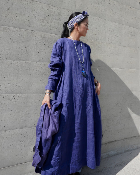 Linen Gather Dress / Khakibeige・Frenchblue
