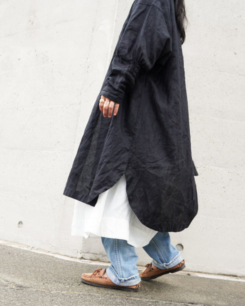 Linen Tuck Shirt Dress / White・Black