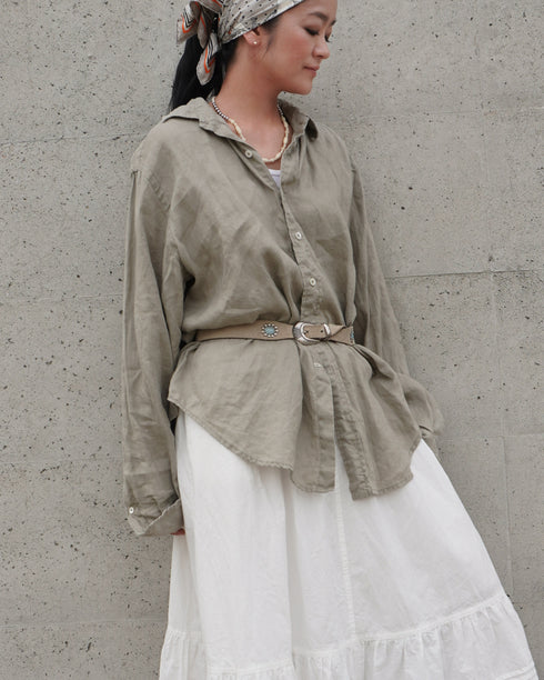 Linen Relaxed Unisex Shirt / Khakibeige・Frenchblue