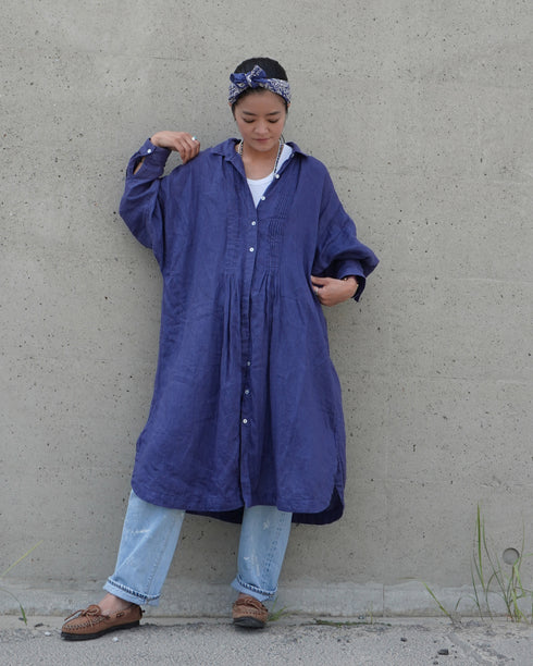 Linen Tuck Shirt Dress / Khakibeige・Frenchblue