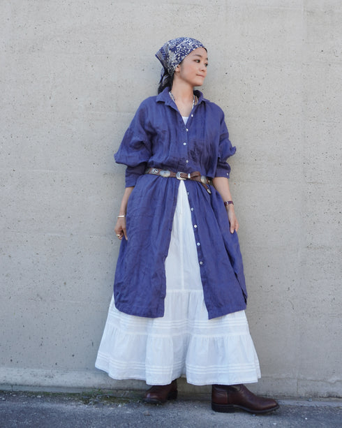 Linen Tuck Shirt Dress / Khakibeige・Frenchblue