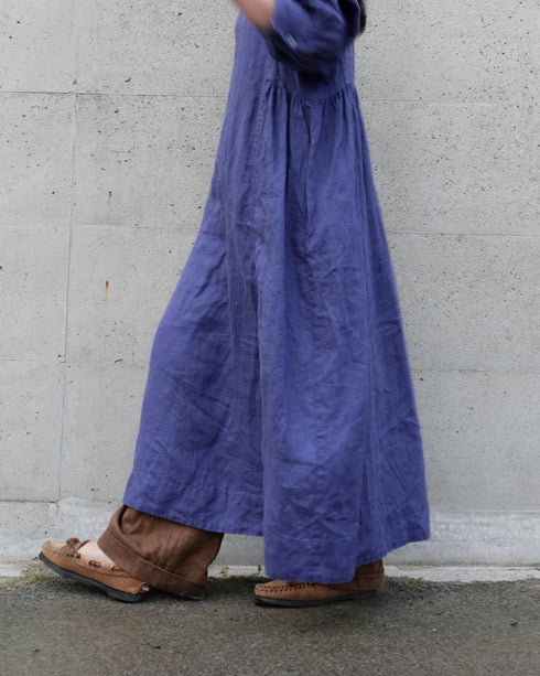 Linen Gather Dress / Khakibeige・Frenchblue