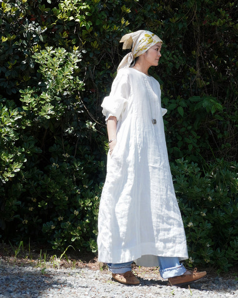 Linen Gather Dress / White・Black