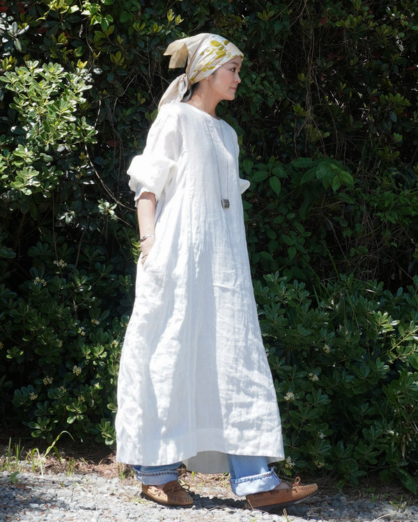 Linen Gather Dress / White・Black