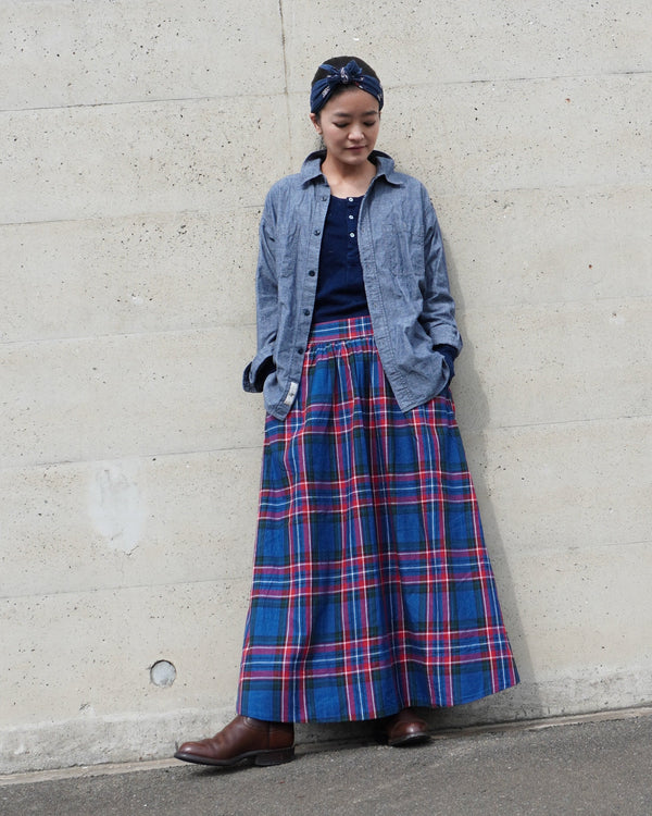 INDIGO Tartan Gathered Skirt / Red・Blue