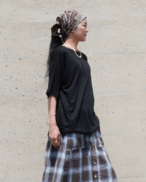 Linen 2way Henley Tee / Khaki・Black