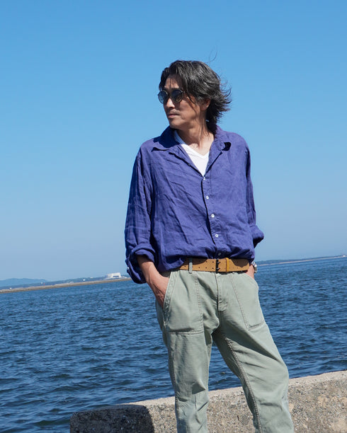 Linen Relaxed Unisex Shirt / Khakibeige・Frenchblue