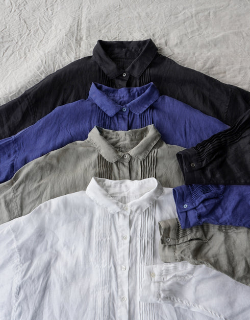 Linen Tuck Shirt Dress / Khakibeige・Frenchblue