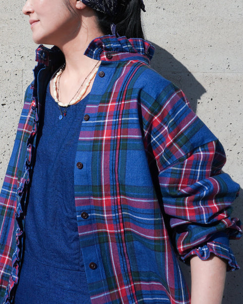INDIGO Tartan Frill Tuck Blouse / Red・Blue