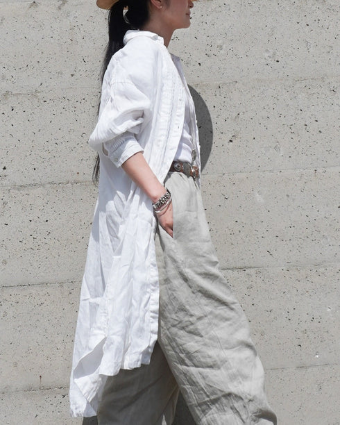 Linen Tuck Shirt Dress / White・Black