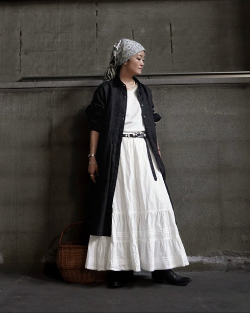 Linen Tuck Shirt Dress / White・Black