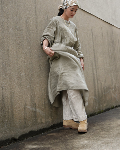 Linen Gather Dress / Khakibeige・Frenchblue