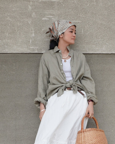 Linen Relaxed Unisex Shirt / Khakibeige・Frenchblue