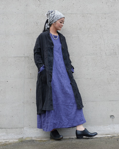 Linen Gather Dress / Khakibeige・Frenchblue