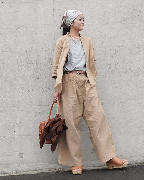 Linen Cotton Open Collar Shirt / Beige・Navy