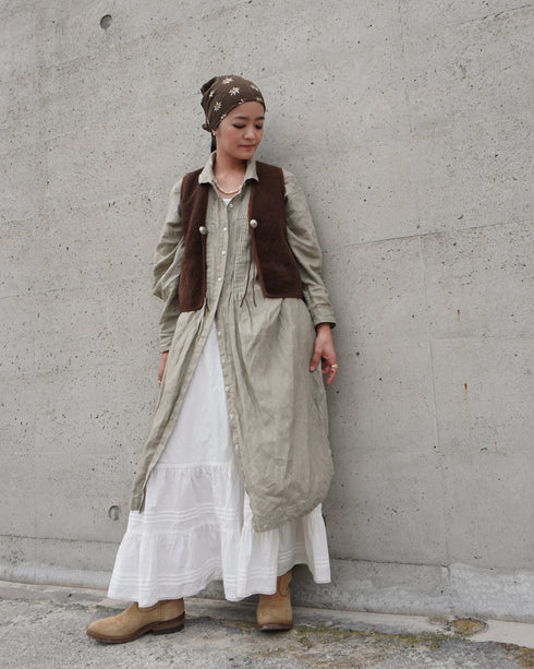 Linen Tuck Shirt Dress / Khakibeige・Frenchblue