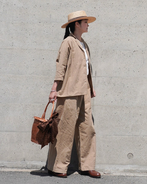 Linen Cotton Open Collar Shirt / Beige・Navy