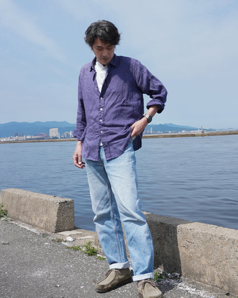 Linen Relaxed Unisex Shirt / Khakibeige・Frenchblue