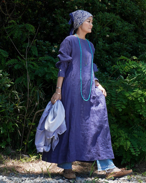 Linen Gather Dress / Khakibeige・Frenchblue