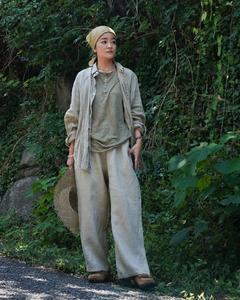 Linen 2way Henley Tee / Khaki・Black